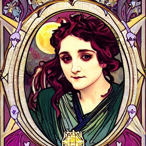 Image similar to evanna lynch portrait by louis - theophile hingre and alphonse mucha, realistic, sharp focus, zodiac signs, tarot cards, planets, ethereal, art nouveau, magic, moon, sun, crown, dreamy, royal, jewellery