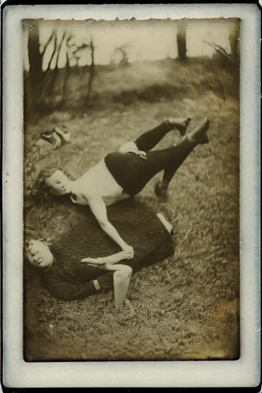 Prompt: man falling apart while a woman tries to hold the fallen parts, 1 9 1 0 polaroid photo