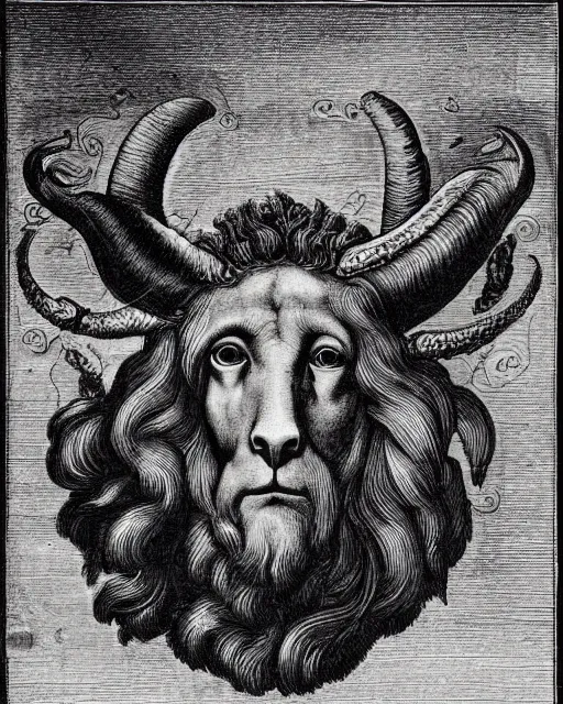 Image similar to four faces in one creature, eagle beak, lion mane, two large horns on the head, jesus face, drawn by da vinci