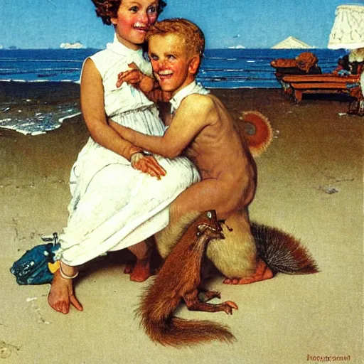 Image similar to napoleon riding a squirrel!!! on the beach with hyacinth!!!! by norman rockwell