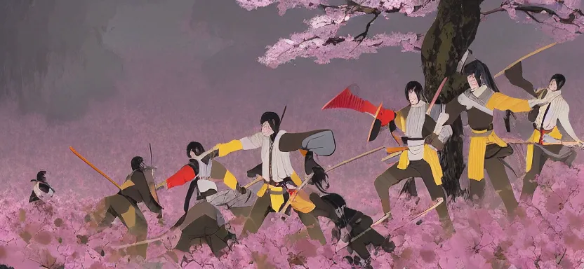 Prompt: a battalion of samurai battle in a cherry blossom forest, digital painting masterpiece, by ilya kuvshinov, by frank frazetta, by mœbius, by reiq, by hayao miyazaki, intricate detail, beautiful brush strokes, advanced lighting technology, 4 k wallpaper, interesting character design, stylized yet realistic anatomy and faces, inspired by kill bill animated scene