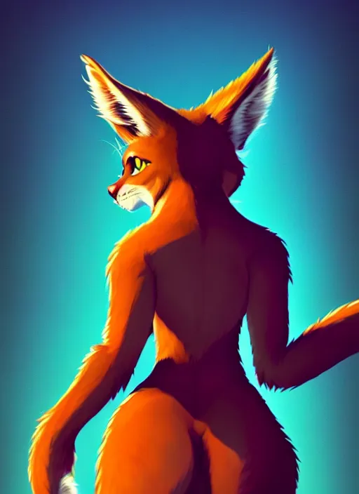 Prompt: wide angle beautiful full body portrait of a strong female anthropomorphic anthro lynx fursona from behind wearing jeans and no boots, paw pads instead of feet and arms, character design by alena aenami, disney, anime, manga, artgerm, furaffinity, detailed, soft lighting,