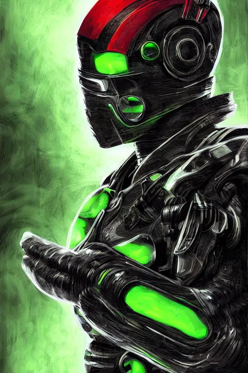 Prompt: cyborg ninja, green highlights, art station, digital art