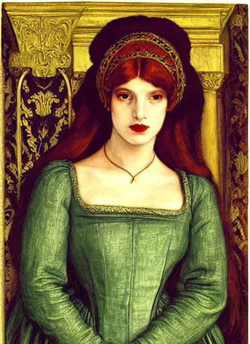 Image similar to portrait of young woman in renaissance dress and renaissance headdress, art by dante gabriel rossetti