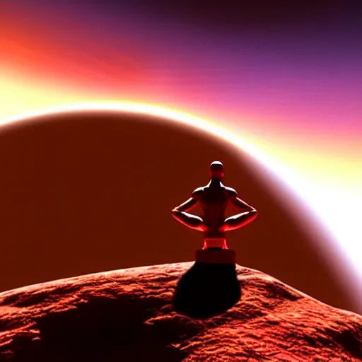 Prompt: Highly detailed Dr.Manhattan character from Watchmen watching on a beautiful vibrant sunrise on mars. Volumetric light