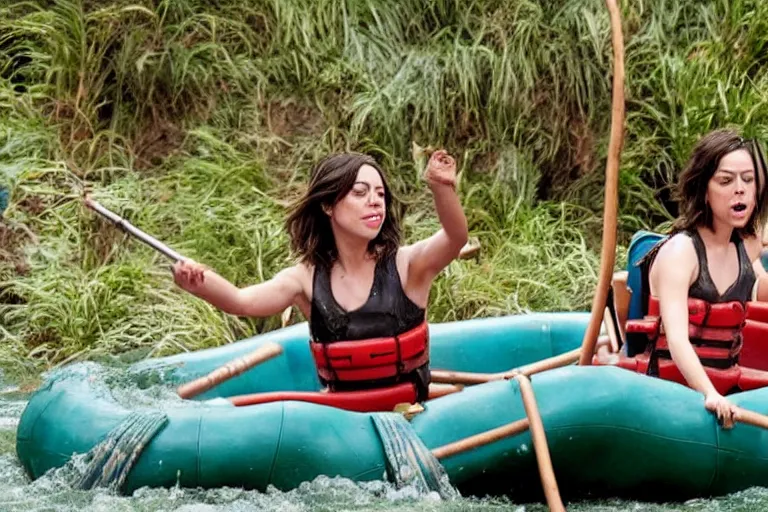 Prompt: Aubrey Plaza at Disney World riding Kali River Rapids, soaked, streaked makeup, deadpan, 8k detailed photo