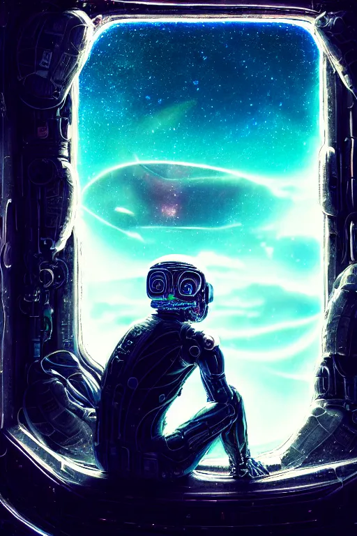 Image similar to sad human nomad, sitting sad in spaceship, gazing at view of galaxy in space through a window, intricate detailed environment, photorealistic!, octane render, mechanical, concept art, cinematic lighting, digital art, interstellar, hyper realism, sharp, cyberpunk, 8 k, de dia los muertos. by angus mckie, moebius, maciej kuciara