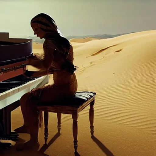 Image similar to UHD candid photo of The Mummy playing piano, with accurate wrappings, UHD, photorealistic, correct sand dune, real piano, photo by Annie Leibowitz