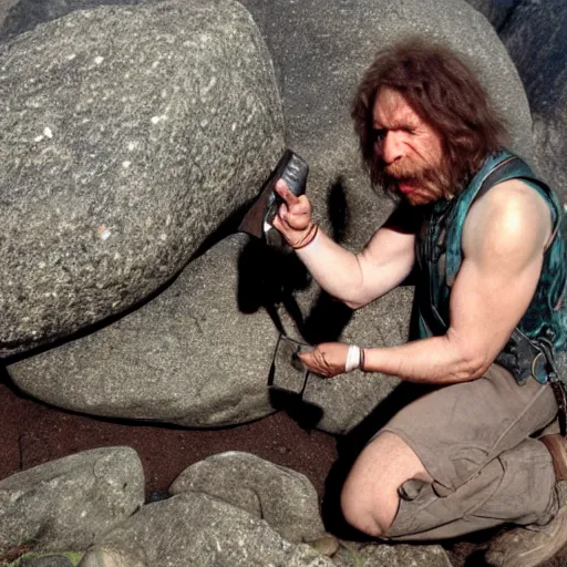 Image similar to neanderthal discovering a pistol near a rock on the ground.