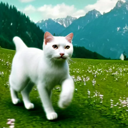 Image similar to a white cat riding a bicycle, austria, film still, sound of music, 4 k, 8 k