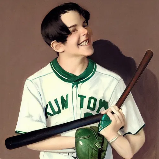 Prompt: a teen boy with black hair and green eyes in a baseball uniform clutching a baseball bat while smiling. Kuvshinov ilya. Geoffroy Thoorens. JC Leyendecker