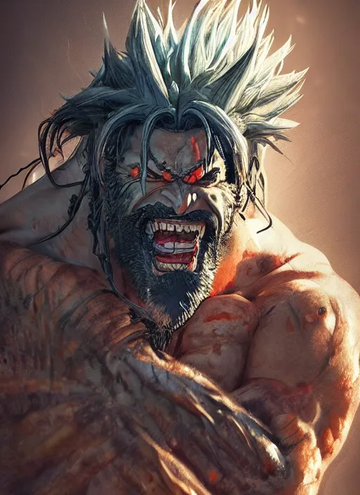 Image similar to lobo, from simon bisley art fighting goku, au naturel, hyper detailed, digital art, trending in artstation, cinematic lighting, studio quality, smooth render, unreal engine 5 rendered, octane rendered, art style by klimt and nixeu and ian sprigger and wlop and krenz cushart