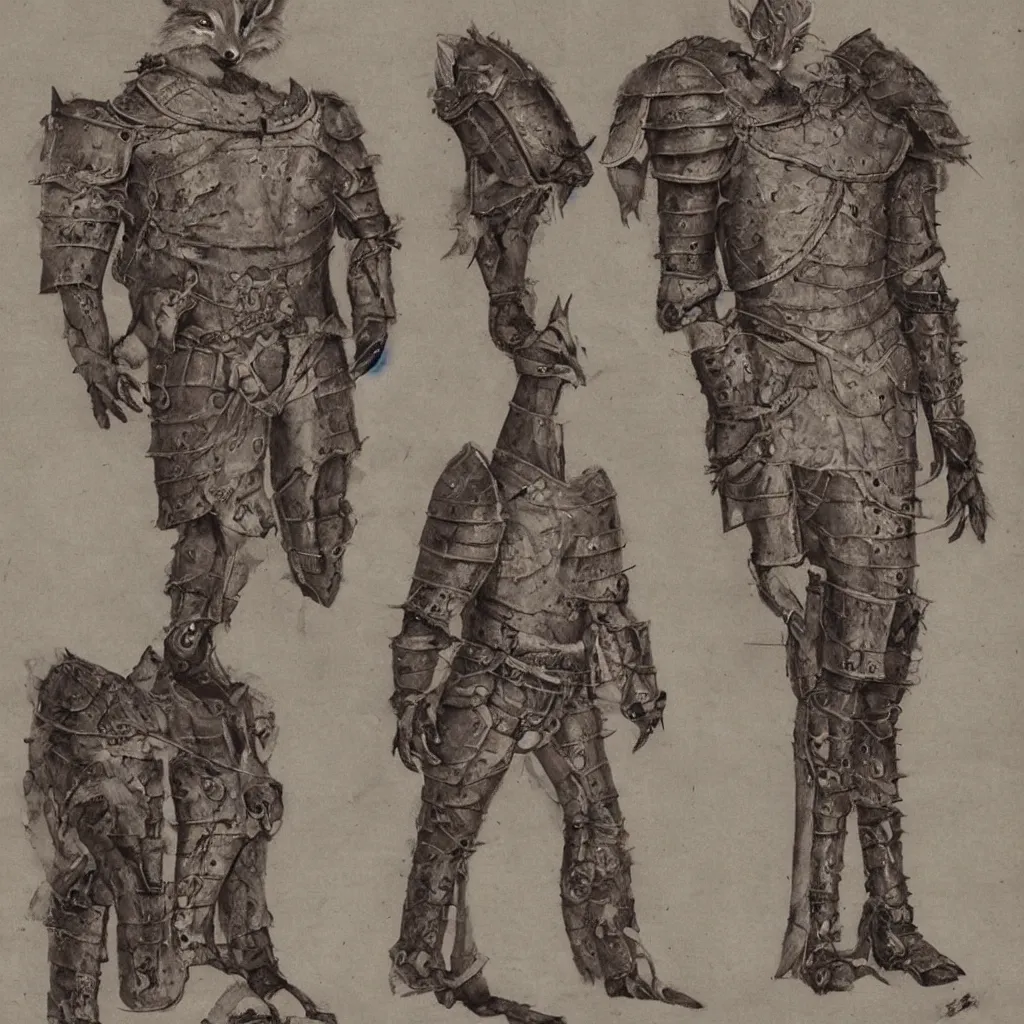 Prompt: archeological discovery of a suit of armor that has features similar to an anthro fox