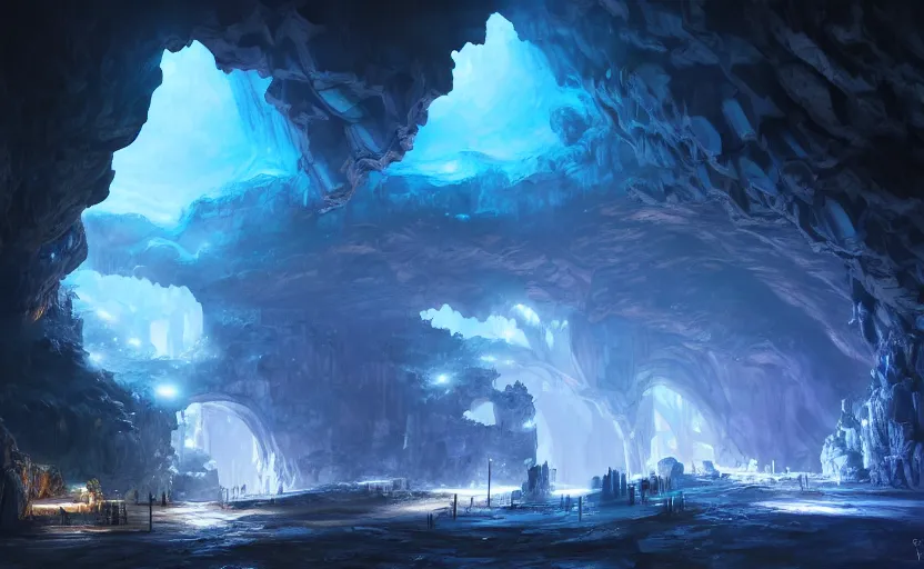 Prompt: factory in a giant dark cave, black rocks cave, detailed cave stones, deep cave, dramatic light, blue crystals, hyper detailed, realistic, intricate, concept art by frank hong, mate painting, artstation