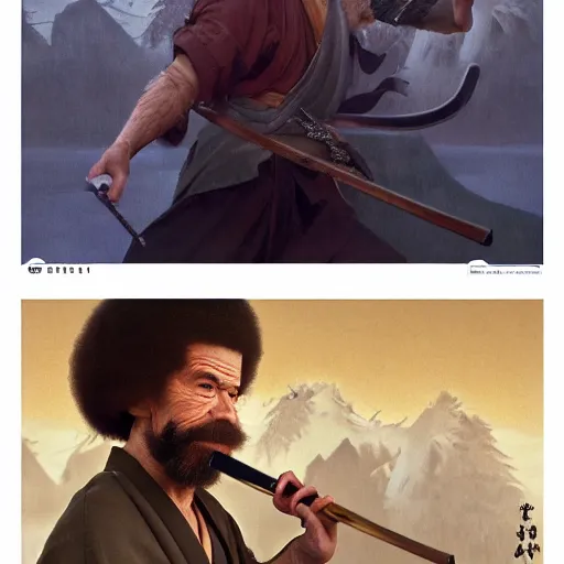 Image similar to an ultra detailed matte painting of bob ross smoking a pipe and dressed as a wandering ronin samurai, edo japan, concept art by jeong seon and alphonse mucha and greg rutkowski, octane render, 8 k, detailed face