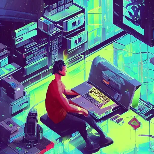 Prompt: a man sitting at a computer in a messy cluttered room, cyberpunk art by Victor Mosquera, Anton Fadeev, omineAdrian theCHAMBA, behance contest winner, pixiv contest winner, tumblr contest winner, panfuturism, deconstructivism, parallax, https://i.ibb.co/Wz2Fw91/sebastian-szmyd-vhs-cyberpunk-2.jpg