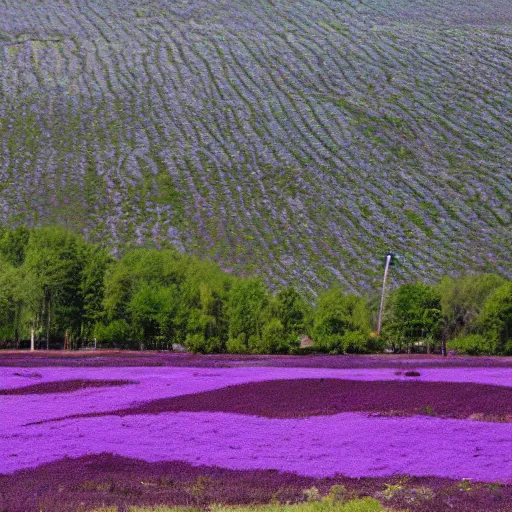 Image similar to landscape covered in purple mold, wide, from a distance