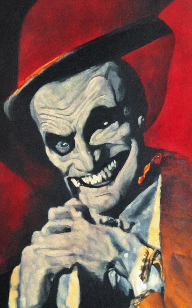 Image similar to portrait of conrad veidt the man who laughs wide grin, award winning oil painting, sharp color palette