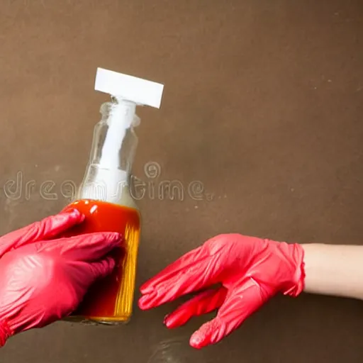 Image similar to chemist turns vinyl gloves into hot sauce, stock photo