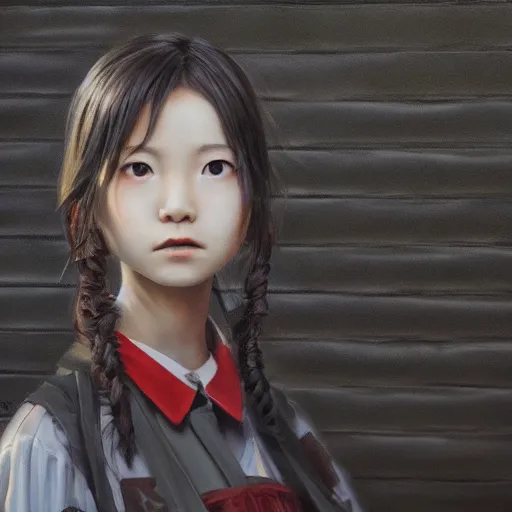 Image similar to a perfect, realistic professional oil painting of a Japanese schoolgirl posing in a dystopian alleyway, close-up, by a professional American senior artist on ArtStation, a high-quality hollywood-style concept