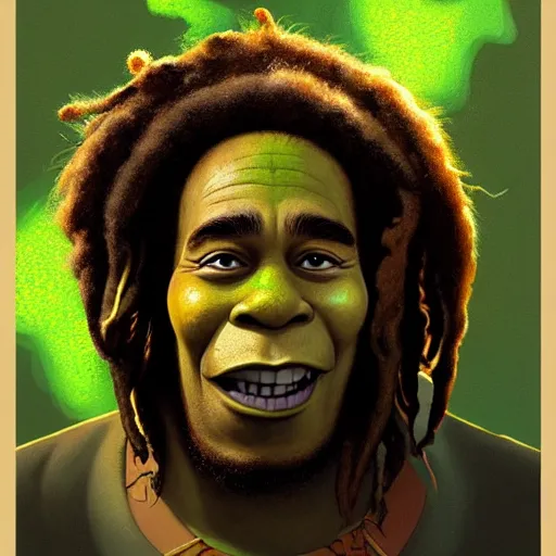 Image similar to shrek as bob marley, brown skin, highly detailed, digital painting, artstation, concept art, sharp focus, illustration, art by greg rutkowski and alphonse mucha