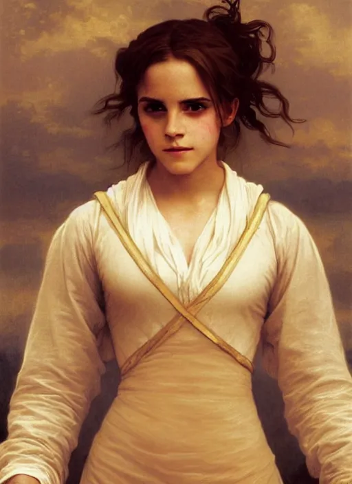 Image similar to painting of emma watson as hermione granger. beautiful. gorgeous. during golden hour. art by william adolphe bouguereau.