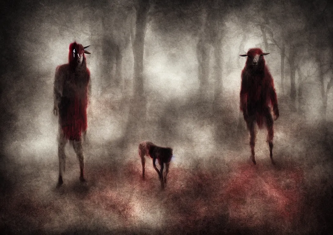 Prompt: lamb man digital art, human lamb hybrid, cult of the lamb, deep crimson and dark shadows, foggy background, ambient glow