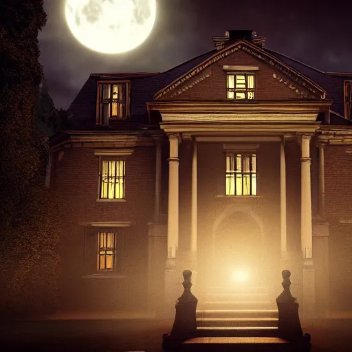 Prompt: a haunted mansion lit by the light from the full moon, symmetrical, dark, evil, demonic, angelic, environment concept, trending on artstation, cgsociety, moody lighting, cinematic lighting, intricate details, hyperealistic, photo realism, cinematic lighting