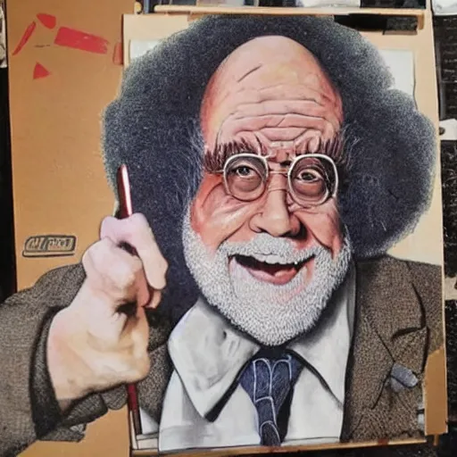 Image similar to danny DeVito dressed as a bob ross 1970s street artist, realism, detailed