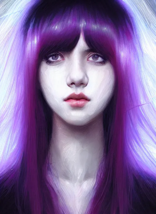 Prompt: hair whitebangs hair, black hair, portrait of teenage girl with white bangs, whitebangsblackhair, messy bangs, curly bangs, whitebangs, red irises, purple clothes, intricate, elegant, glowing lights, highly detailed, digital painting, artstation, concept art, sharp focus, illustration, art by wlop, mars ravelo and greg rutkowski