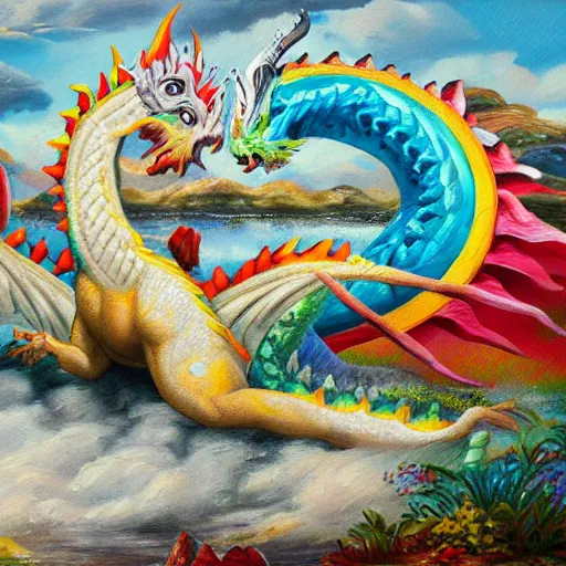 Image similar to highly detailed oil painting of a white dragon sitting in a colorful hotspring