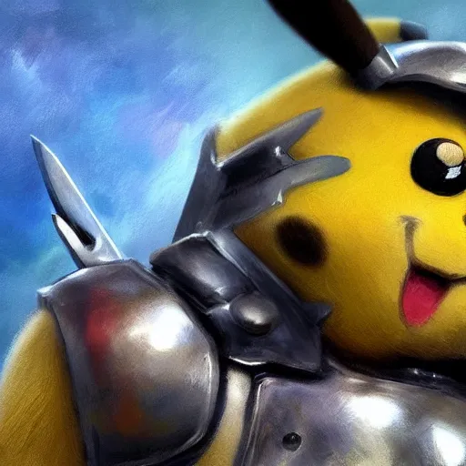 Image similar to close up of pikachu wearing leather armor, cinematographic shot, by daniel f. gerhartz