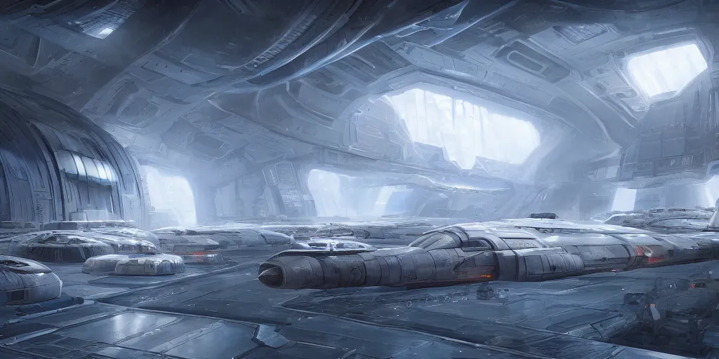 Image similar to one thousand aligned cryogenic pods, spaceship hangar, symmetrical, sci-fi, cryogenic pods, many cryogenic pods, interior, fantasy, 4k, wide shot, matte painting, oil painting, concept art, art station, star wars style