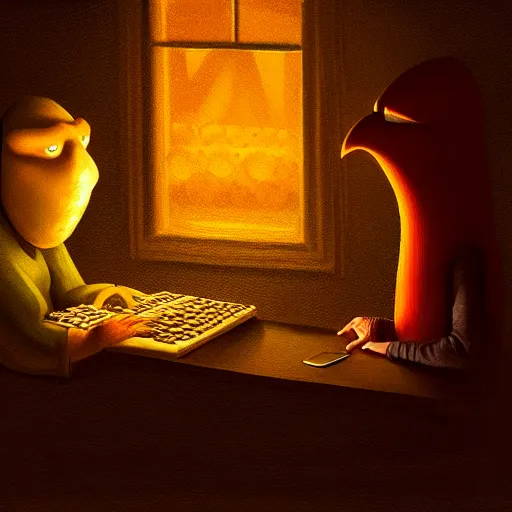 Image similar to Anthropomorphic corn cob using computer in a dark room, face illuminated, hyperrealistic, artstation, 8k, concept art, very detailed, hd, digital painting, shadows, dimly lit, dramatic lighting