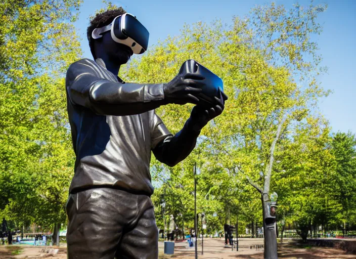 Image similar to photo still of a bronze statue of a man gaming in vr in a park on a bright sunny day, 8 k 8 5 mm f 1 6