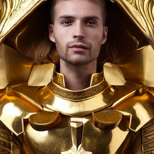 Image similar to A radiant, extreme long shot, photo of a 27-year-old Caucasian male wearing the Capricorn Gold Armor, Beautiful gold Saint, Jaw-Dropping Beauty, gracious, aesthetically pleasing, dramatic eyes, intense stare, immense cosmic aura, from Knights of the Zodiac Saint Seiya, inside the Old Temple of Athena Greece,4k high resolution, Detailed photo, Photoshopped, Award Winning Photo, Deep depth of field, f/22, 35mm, make all elements sharp, at golden hour, Light Academia aesthetic, Socialist realism, by Annie Leibovitz