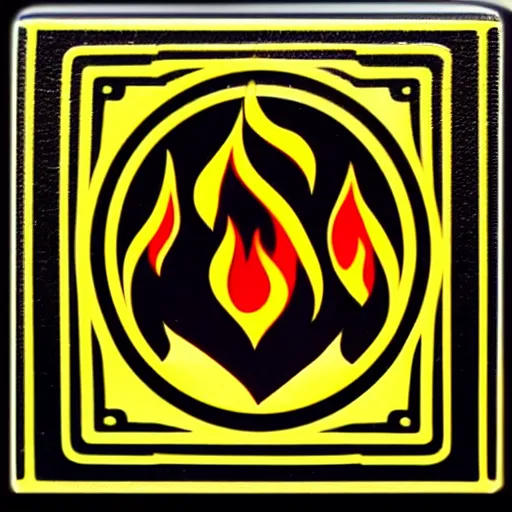 Image similar to a square enamel pin depicting a minimalistic clean illustration fire flames warning label, smooth curves