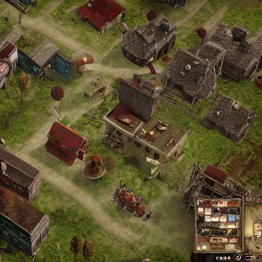 Image similar to screenshot of a beautiful rts game silent hill, overhead view, ultra detailed