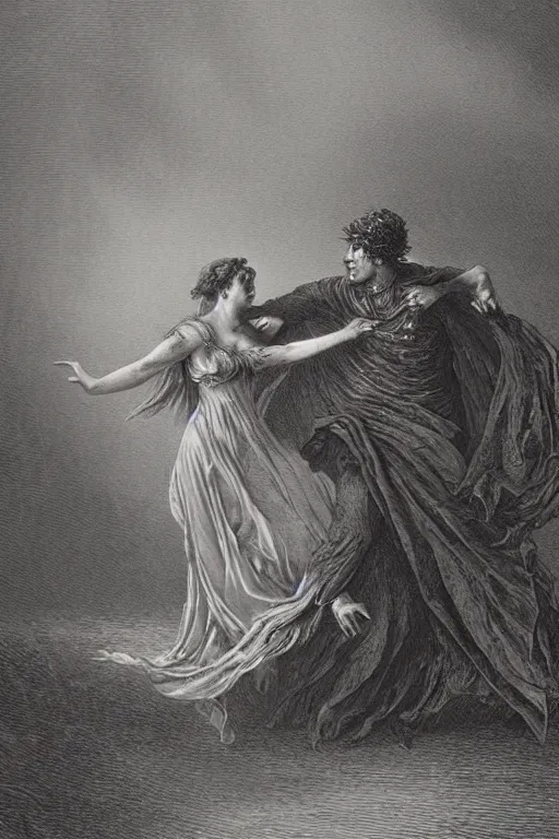 Prompt: A maiden dancing with the devil in the style of Gustave Dore