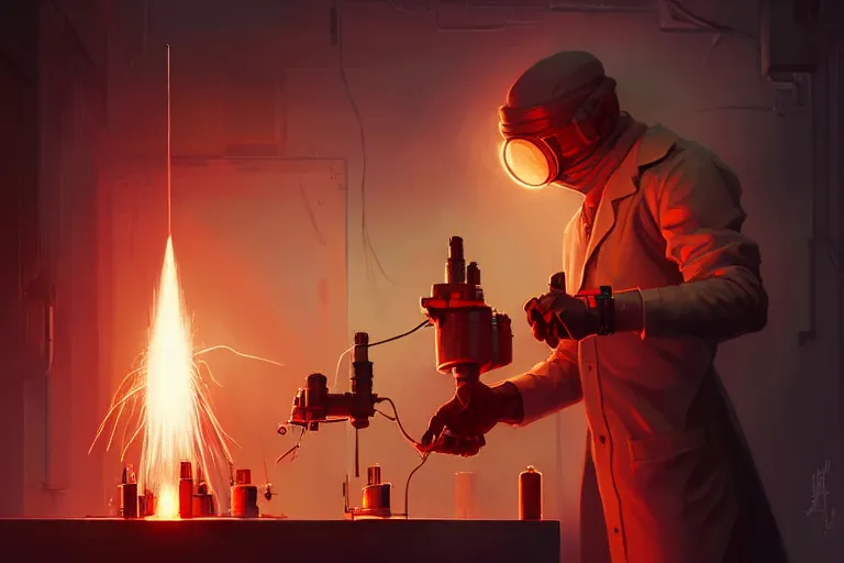 Prompt: symmetry!! scientist performing a explosive experiment by artgerm greg rutkowski and andreas rocha, cinematic lighting, highly detailed, warm colours, 8 k