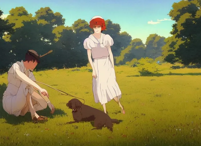 Image similar to france 1 9 2 0's, young adult playing with a goldendoodle dog on a green meadow, golden hour, finely detailed perfect art, gapmoe yandere grimdark, trending on pixiv fanbox, painted by greg rutkowski makoto shinkai takashi takeuchi studio ghibli