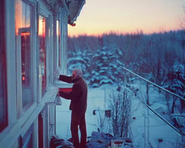 Prompt: 4 0 years russian man with beard and sweater standing on small hrushevka 9 th floor balcony in taiga looking at sunset, award - winning lomographic tarkovsky film still, kodak ektar, bokeh