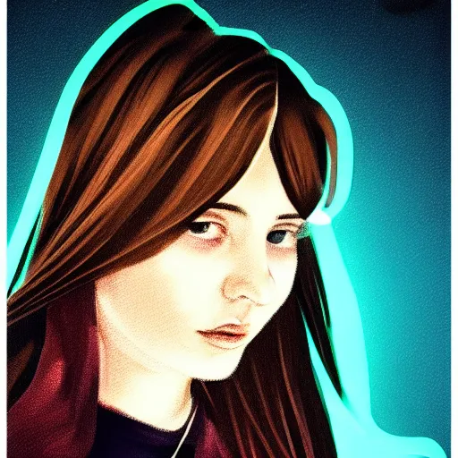 Prompt: realistic fantasy portrait of sad girl brown hair in neon light, big city