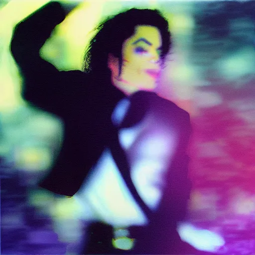 Image similar to motion blurred Michael Jackson Album cover in vaporwave feel