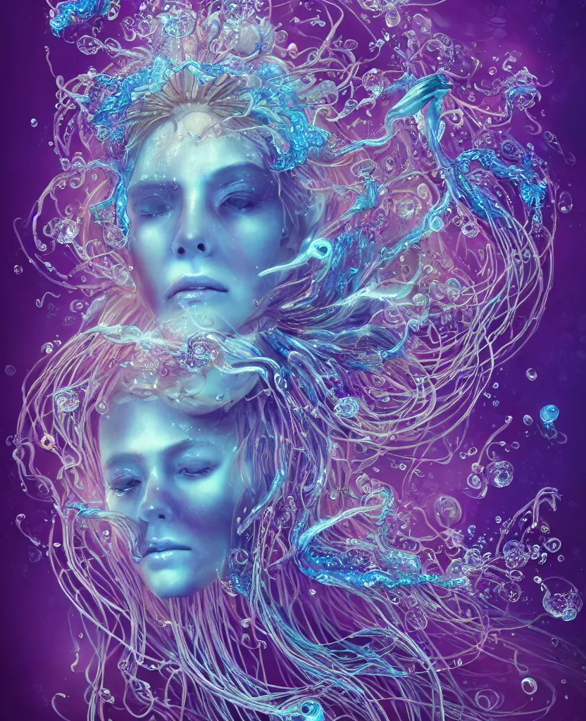 Image similar to close-up portrait of the face of a beautiful princess, surrounded by intricate twisted flowers orchid jellyfish and energy flow, water and plasma flow splashes, epic angle and pose, symmetrical artwork, 3d with depth of field, blurred background, floating jellyfish skull phoenix bird, translucent, nautilus, energy flows of water and fire. a highly detailed epic cinematic concept art CG render. made in Maya, Blender and Photoshop, octane render, excellent composition, cinematic dystopian brutalist atmosphere, dynamic dramatic cinematic lighting, aesthetic, very inspirational, arthouse. y Greg Rutkowski, Ilya Kuvshinov, WLOP, Stanley Artgerm Lau, Ruan Jia and Fenghua Zhong