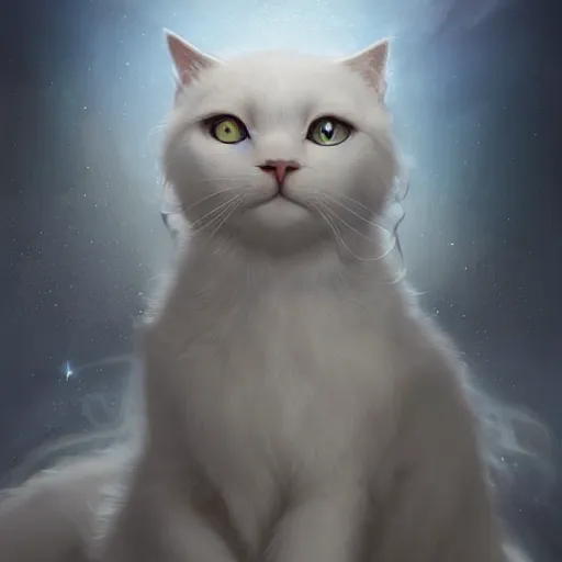 Prompt: portrait of a beautiful white cat celestial background,, fantasy, highly detailed, cinematic lighting, digital art painting by artgem and greg rutkowsk, trending on artstation, very very beautiful, very attractive, high fantasy