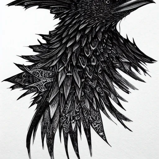 Prompt: mystical raven, black ink on paper, trending on artstation, beautiful, intricate, detailed