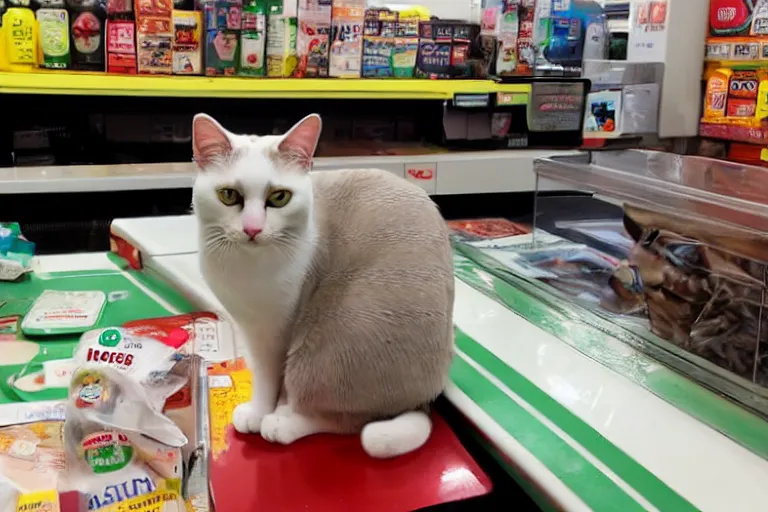 Image similar to cat on the counter in 7 - eleven next to a pack of cigarettes wide angle lens