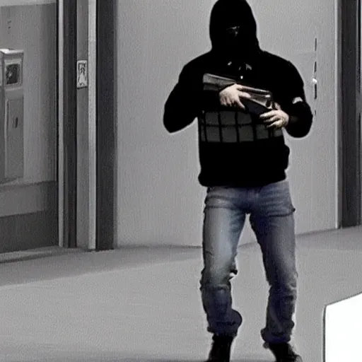 Image similar to security camera footage of cristiano ronaldo trying to rob a bank, he is holding a gun and a bag with the dollar sign