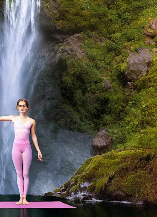 Image similar to portrait photograph of emma watson standing in a yoga pose wearing translucent clothes standing underneath a waterfall, natural light, photoreal, shot by David LaChapelle